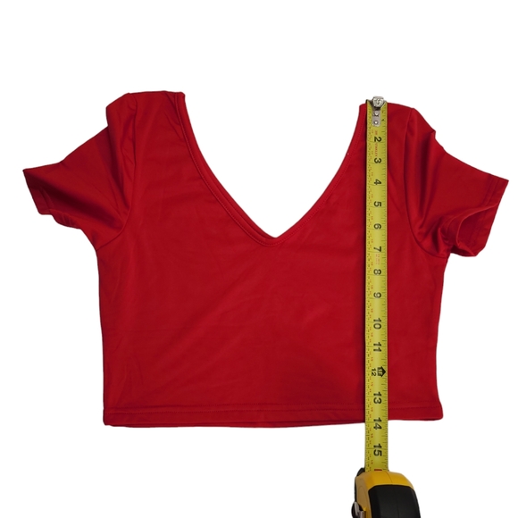 ZILEZILE Women Sexy Off Shoulder V-Neck Short Sleeves Red Crop Top Size Medium - Picture 4 of 8